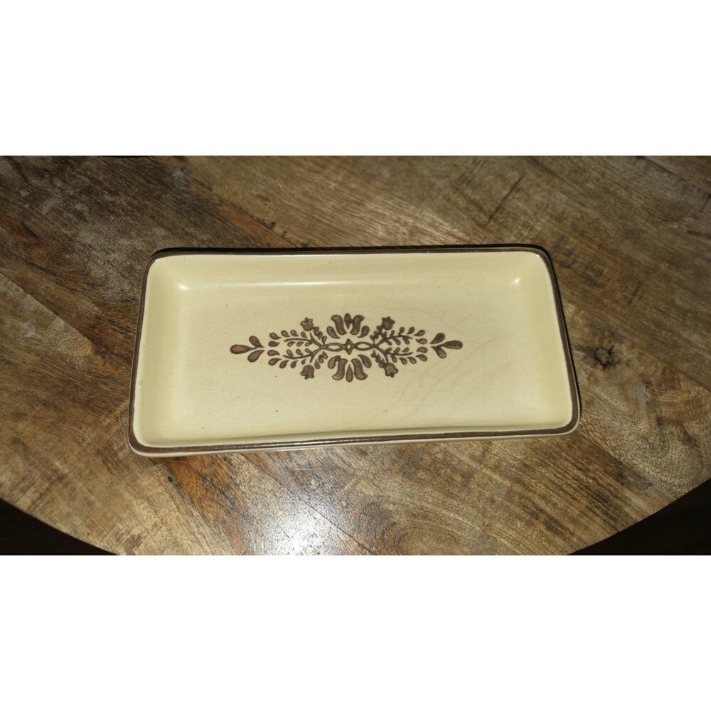 Beige/Brown Floral Rectangle Ceramic Dish Glossy Finish Impressed Backstamp